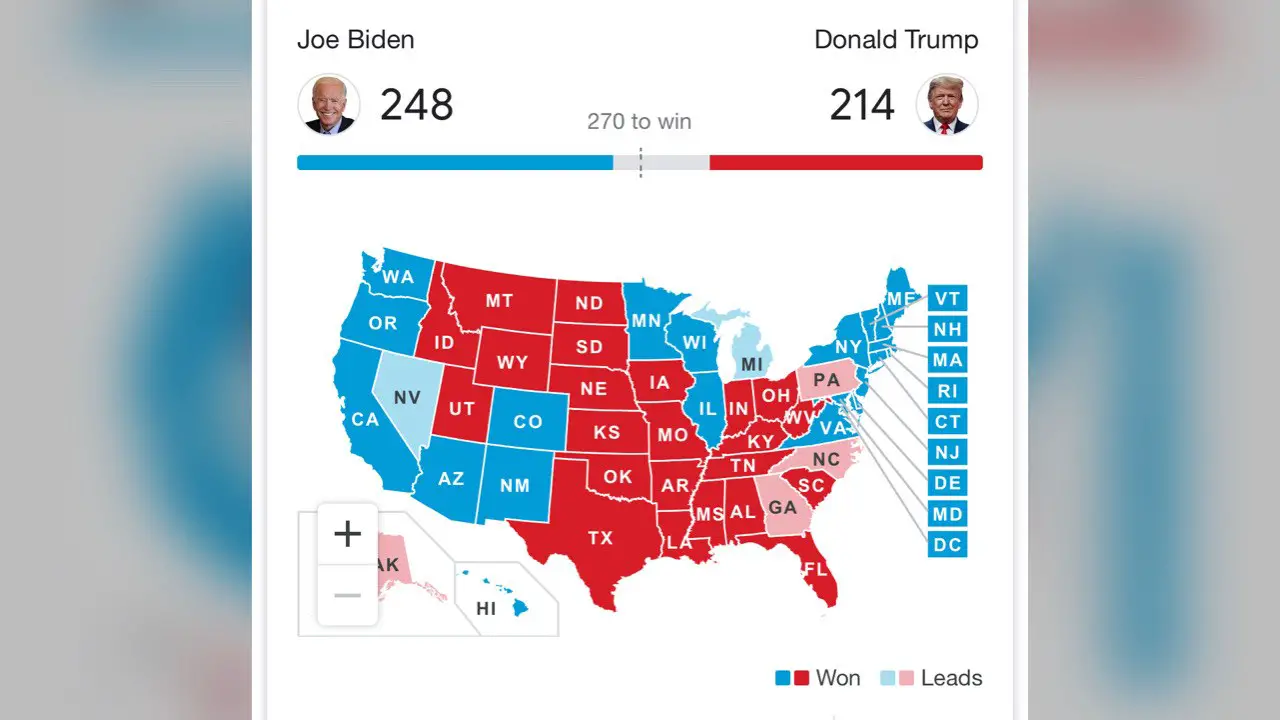 Update: Présidentielles américaines : Biden remporte 248 grands électeurs contre 214 pour Trump