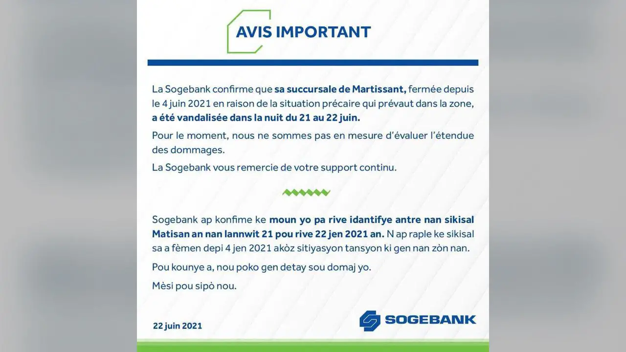 La Sogebank confirme le vandalisme de sa succursale de Martissant