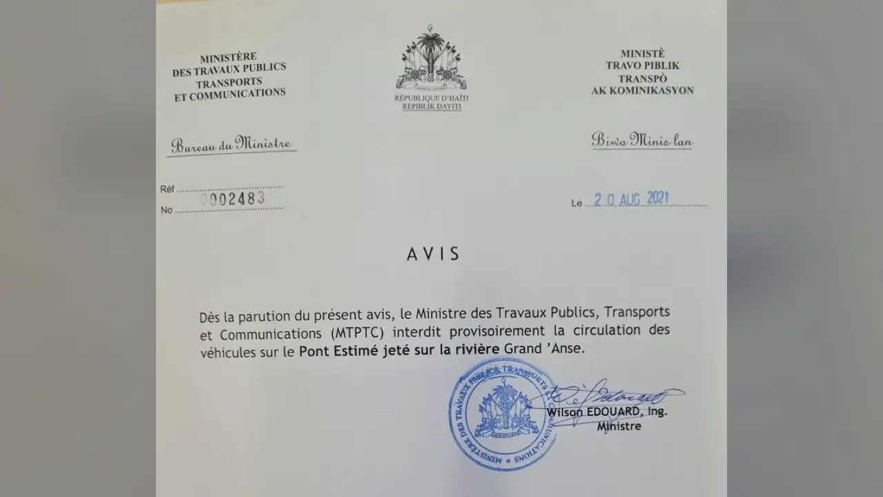 Le MTPTC interdit provisoirement la circulation sur le pont Estimé dans la Grand 'Anse