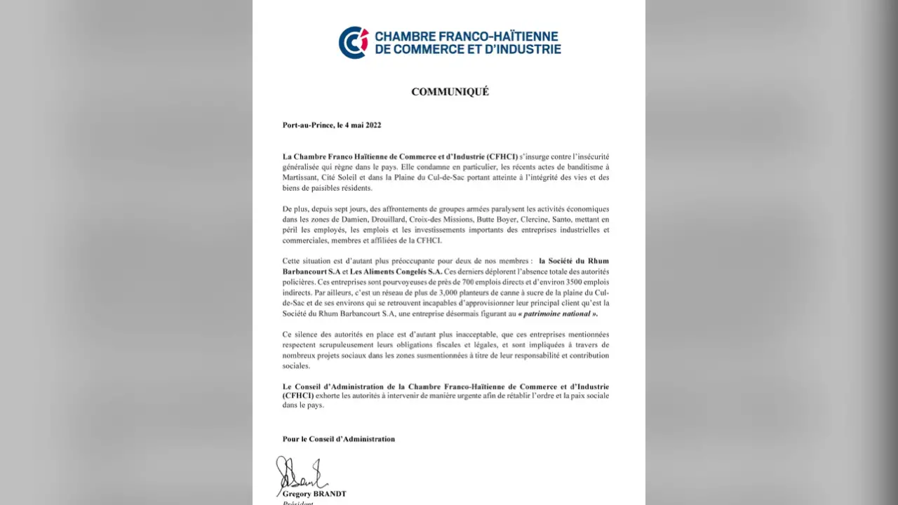 La Chambre Franco-Haïtienne de Commerce exhorte le gouvernement à intervenir de manière urgente pour rétablir la paix