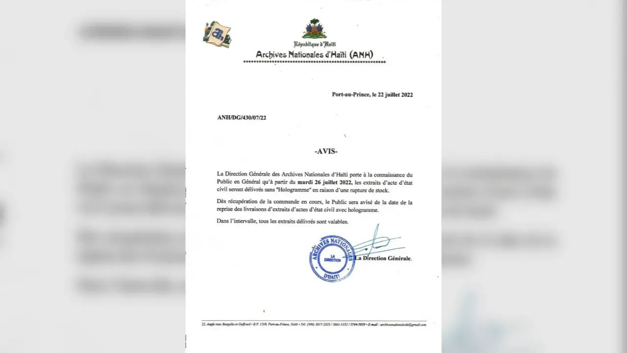 Depuis le 26 juillet, les Archives Nationales d’Haïti livrent des extraits d’acte d’état civil sans hologramme