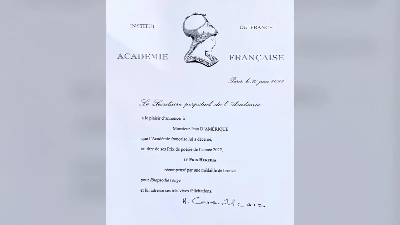 Jean D’Amérique, lauréat du prix Heredia 2022 de l'Académie française