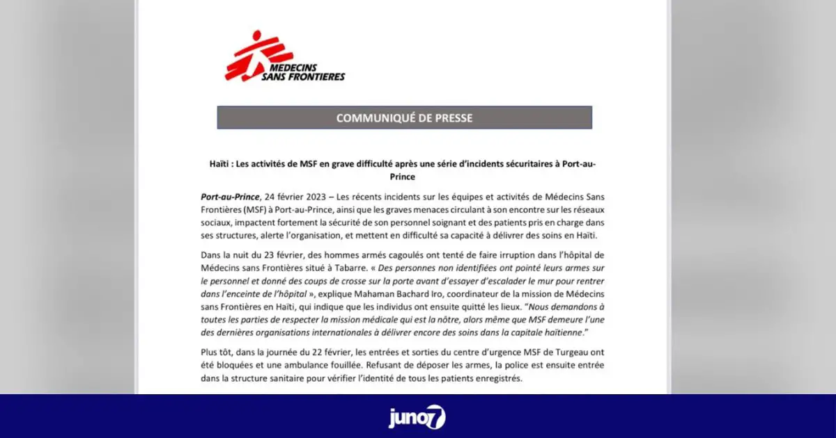 MSF alerte sur la menace pesant sur ses activités en Haïti en raison de la situation d’insécurité à Port-au-Prince