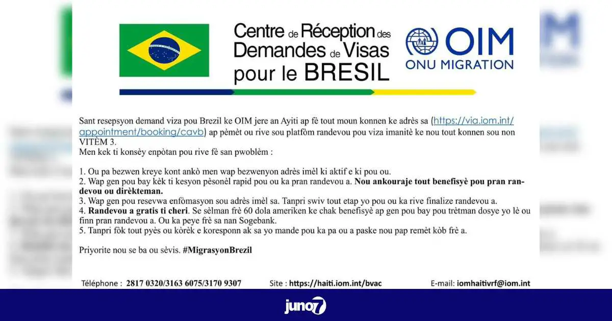 Les demandes de rendez-vous de visa pour le Brésil sont disponibles, annonce le bureau de l’OIM en Haïti